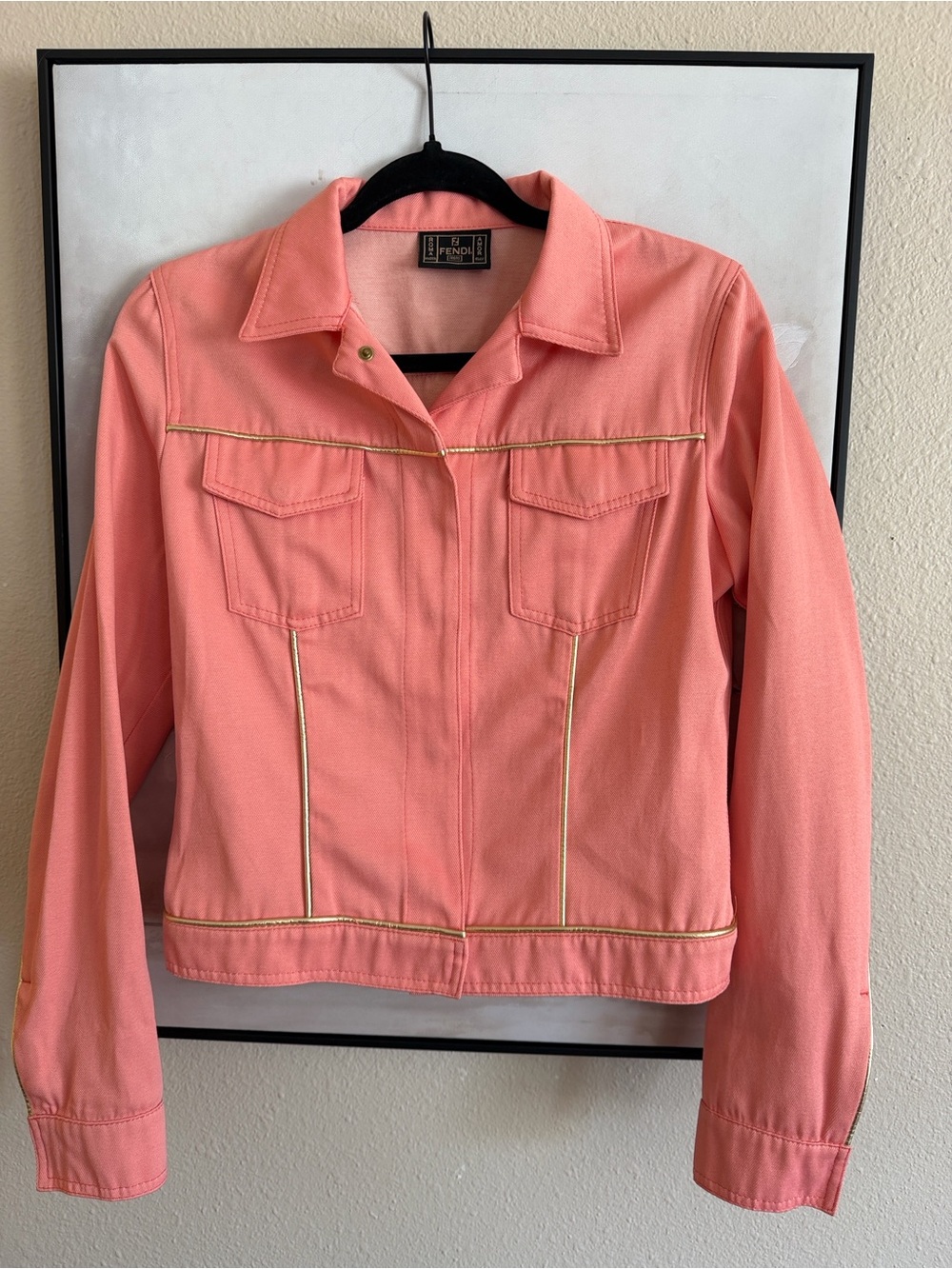 Fendi Coral Pink Denim-Style Jacket with Gold Trim